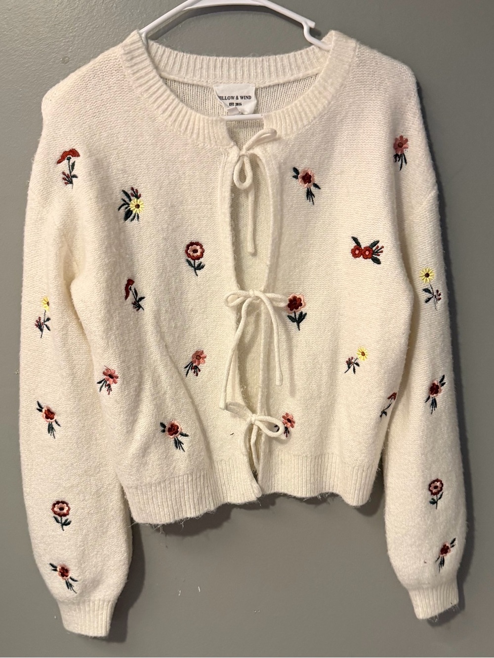 Yellow & Wind Cream Embroidered Tie-Front Cardigan